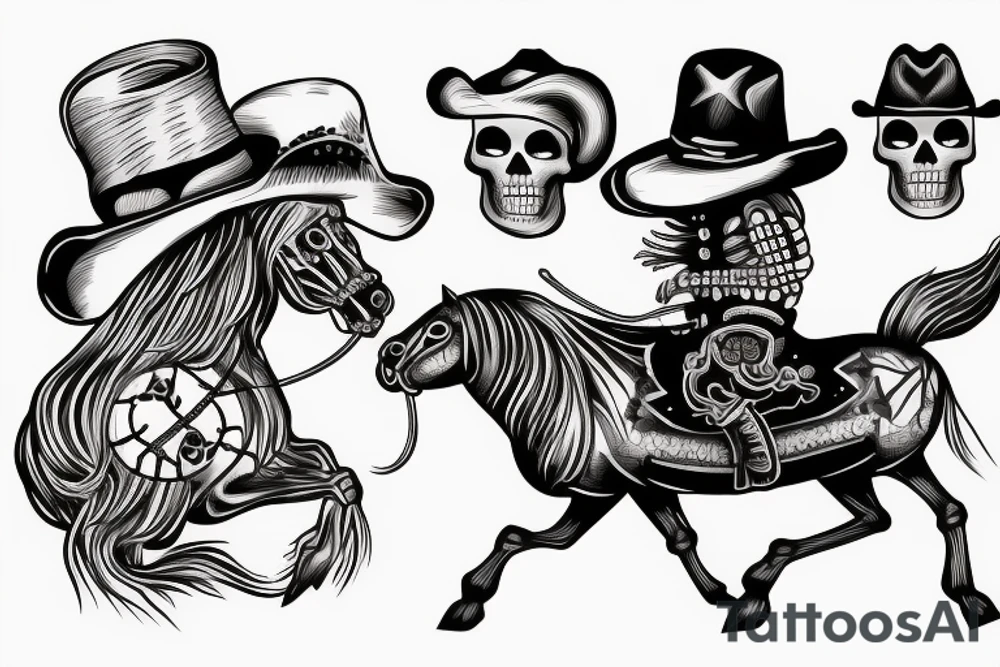 Skeleton wearing a cowboy hat riding a rocking horse tattoo idea