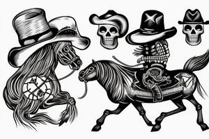 Skeleton wearing a cowboy hat riding a rocking horse tattoo idea