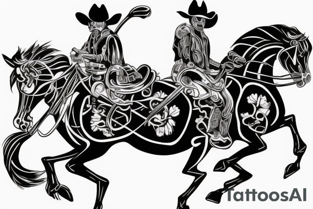 Skeleton wearing a cowboy hat riding a rocking horse tattoo idea