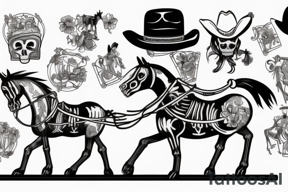 Skeleton wearing a cowboy hat riding a toy rocking horse tattoo idea