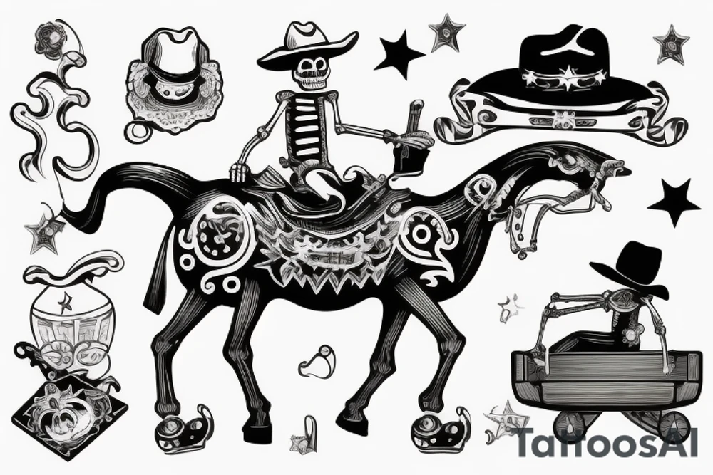 Skeleton wearing a cowboy hat riding a toy rocking horse tattoo idea