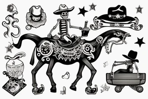 Skeleton wearing a cowboy hat riding a toy rocking horse tattoo idea
