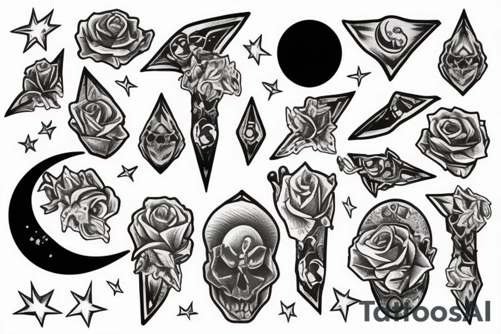 Dagger a moon and cristals tattoo idea