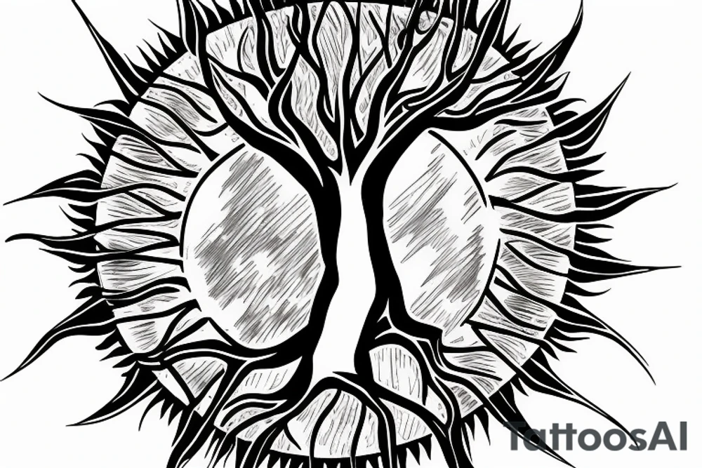 a sun that shines of crown of tree that merges into DNA tattoo idea