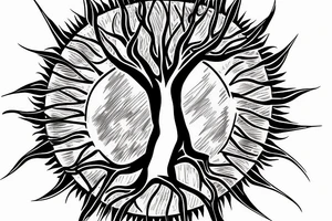 a sun that shines of crown of tree that merges into DNA tattoo idea