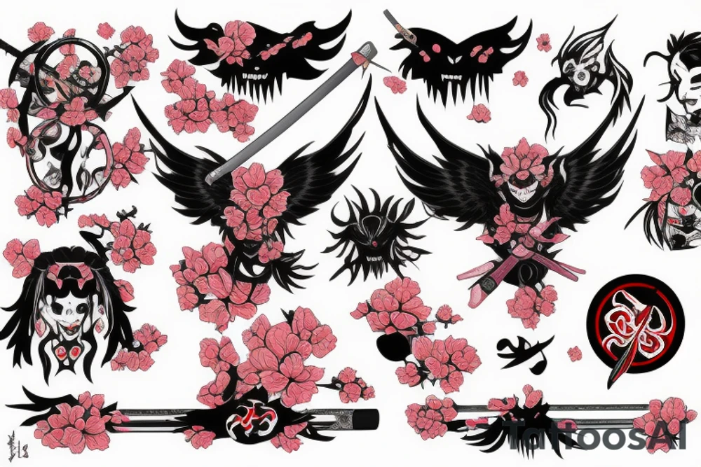 japan, heartbroken, mask, demon, wings, katana, sakura, blood tears tattoo idea
