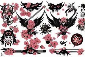 japan, heartbroken, mask, demon, wings, katana, sakura, blood tears tattoo idea