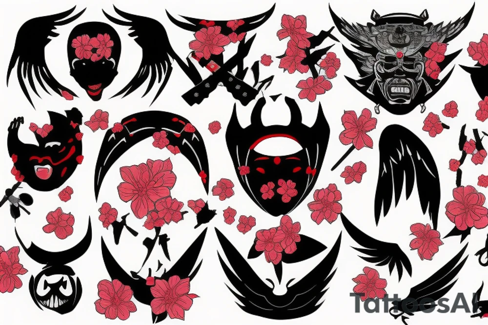 japan, heartbroken, mask, demon, wings, katana, sakura, blood tears tattoo idea