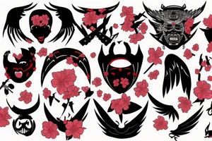 japan, heartbroken, mask, demon, wings, katana, sakura, blood tears tattoo idea