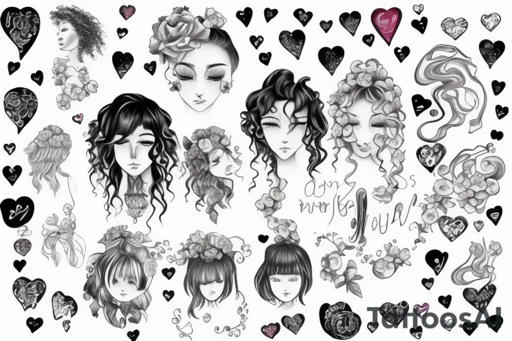 curly girl with broken heart and tears tattoo idea