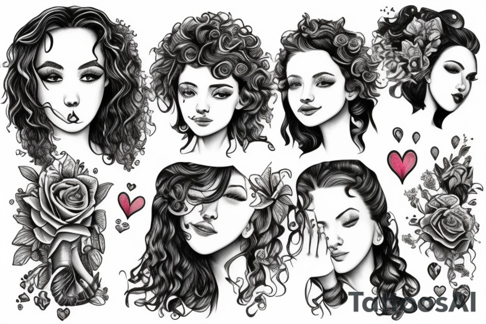 curly girl with broken heart and tears tattoo idea