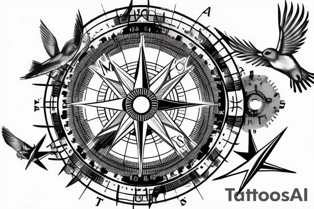 There’s a Compass but instead of N E S W, there is A M S L. Under the compass there is an aircraft with birds flying around the aircraft. tattoo idea