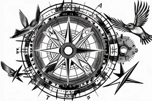 There’s a Compass but instead of N E S W, there is A M S L. Under the compass there is an aircraft with birds flying around the aircraft. tattoo idea