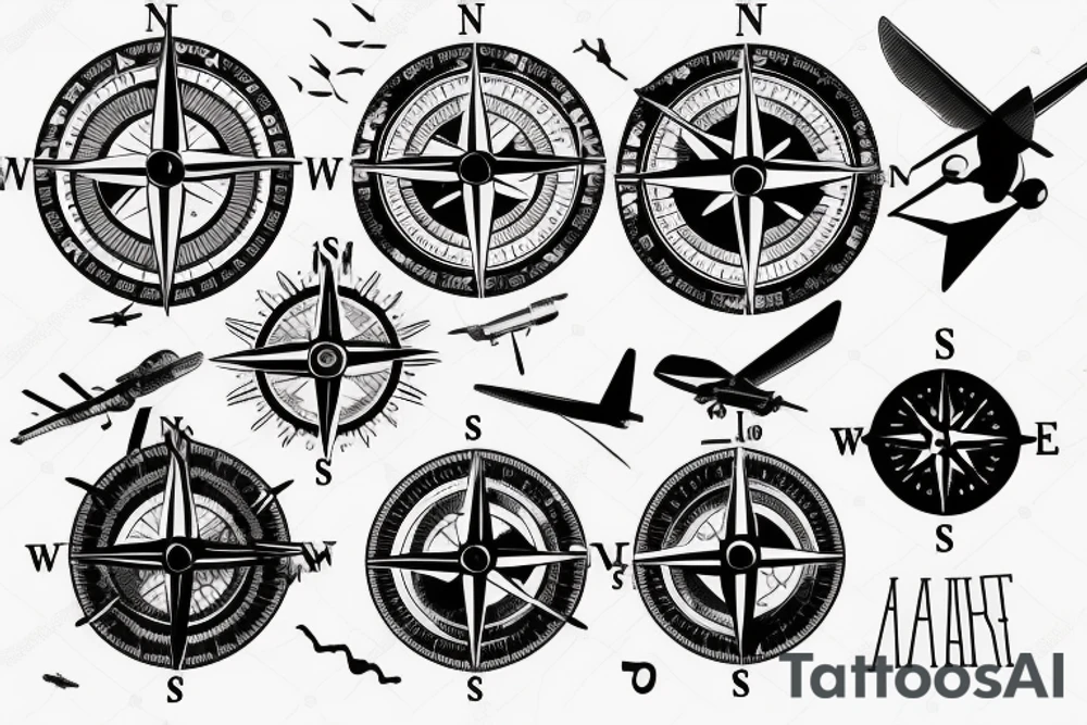 There’s a Compass but instead of N E S W, there is A M S L. Under the compass there is an aircraft with birds flying around the aircraft. tattoo idea