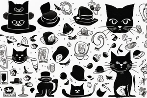 Black cat with a hat and a funny sweater tattoo idea