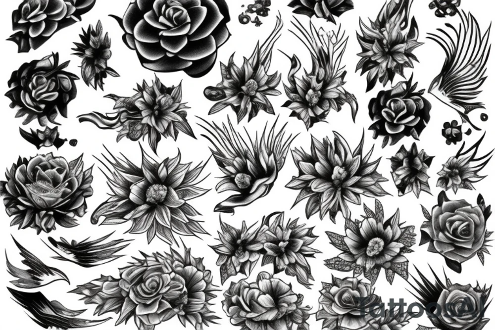 Rock music, flowers, phoenix tattoo idea