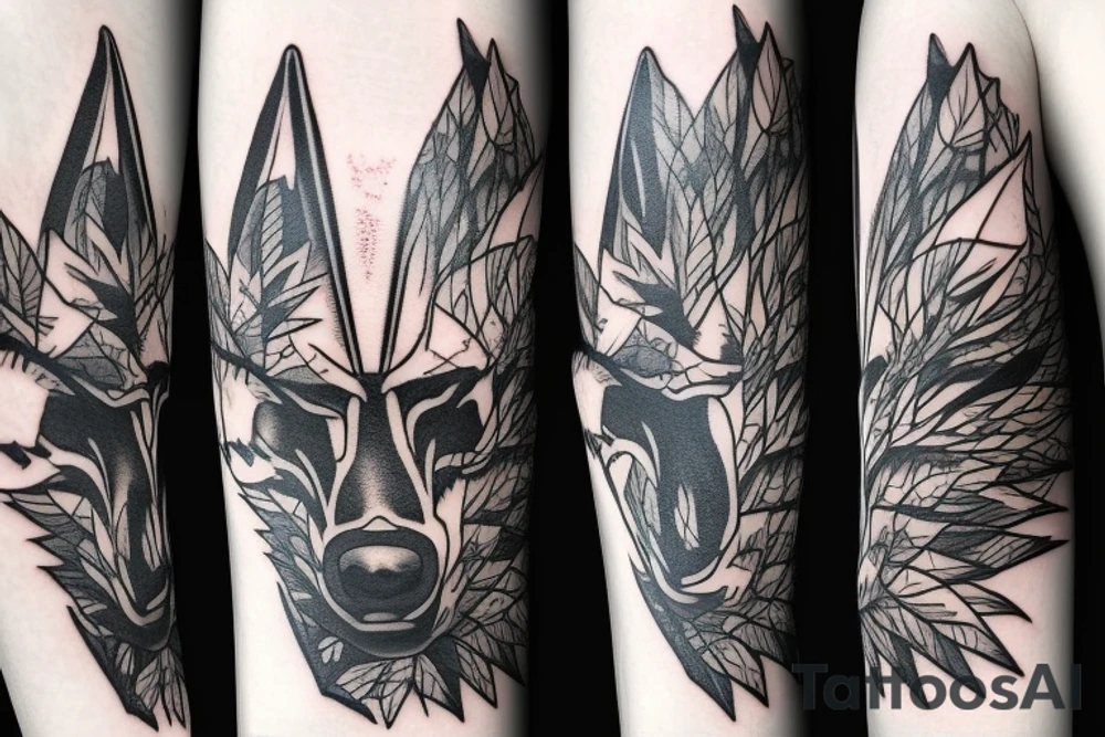 Black wolf with samurai helmet burning Canadian maple leaves tattoo idea