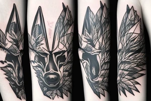 Black wolf with samurai helmet burning Canadian maple leaves tattoo idea