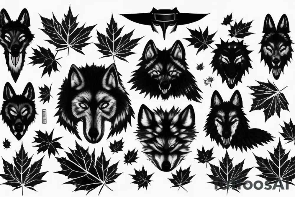 Black wolf with samurai helmet burning Canadian maple leaves tattoo idea