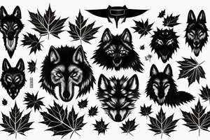 Black wolf with samurai helmet burning Canadian maple leaves tattoo idea