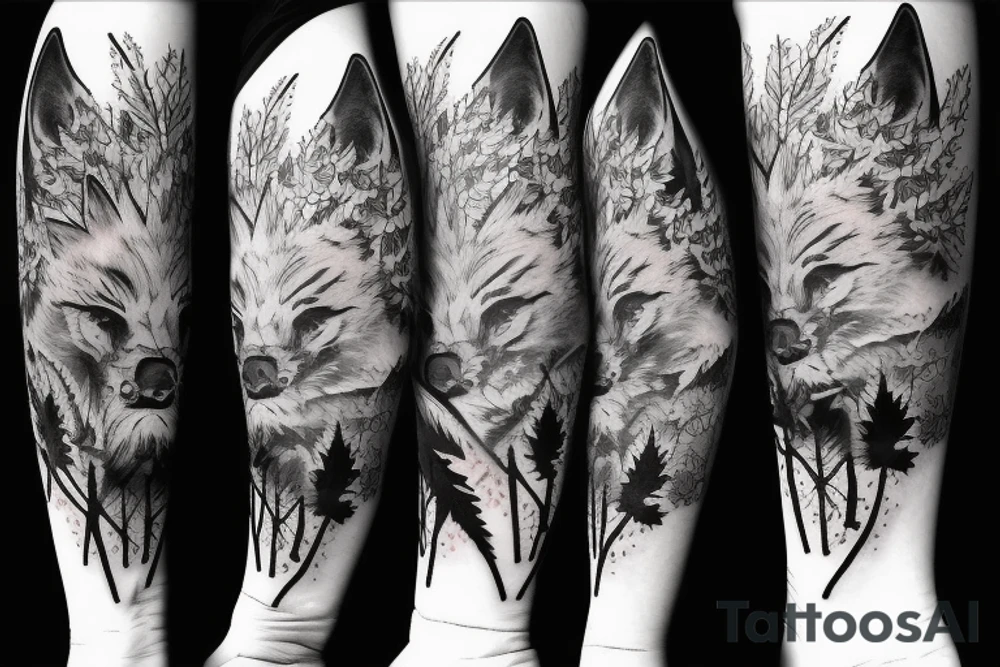 Black wolf with samurai helmet burning Canadian maple leaves tattoo idea