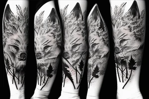 Black wolf with samurai helmet burning Canadian maple leaves tattoo idea
