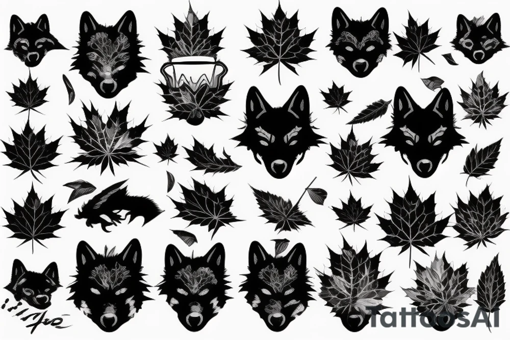 Black wolf with samurai helmet burning Canadian maple leaves tattoo idea Black wolf with samurai helmet burning Canadian maple leaves tattoo idea