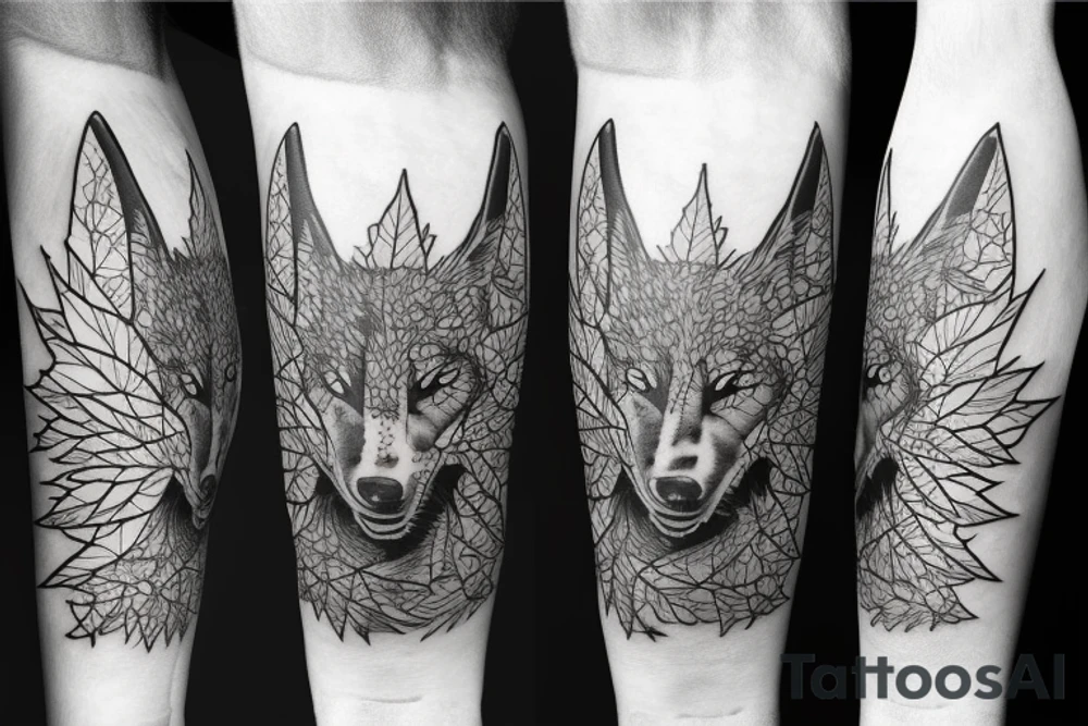 Black wolf with samurai helmet burning Canadian maple leaves tattoo idea