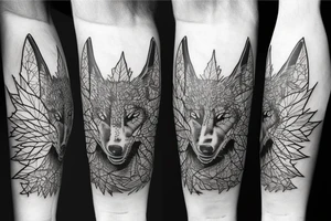 Black wolf with samurai helmet burning Canadian maple leaves tattoo idea
