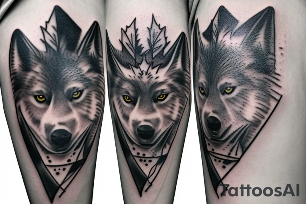 Black wolf with samurai helmet burning Canadian maple leaves tattoo idea