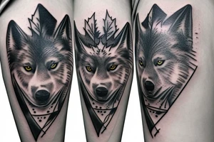 Black wolf with samurai helmet burning Canadian maple leaves tattoo idea