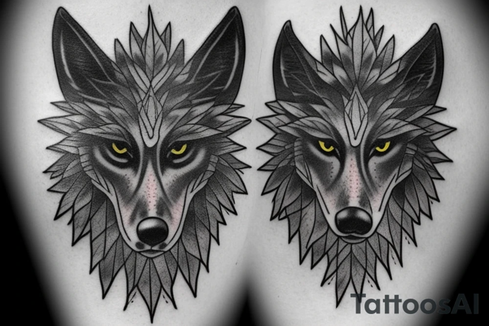 Black wolf with samurai helmet burning Canadian maple leaves tattoo idea