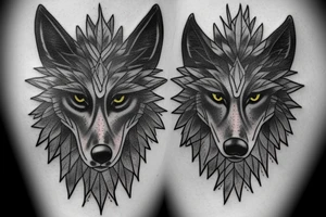 Black wolf with samurai helmet burning Canadian maple leaves tattoo idea