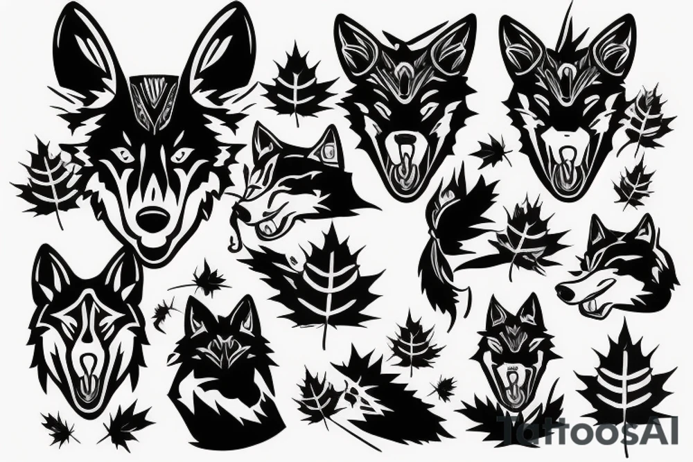 Black wolf with samurai helmet burning Canadian maple leaves tattoo idea