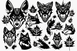 Black wolf with samurai helmet burning Canadian maple leaves tattoo idea