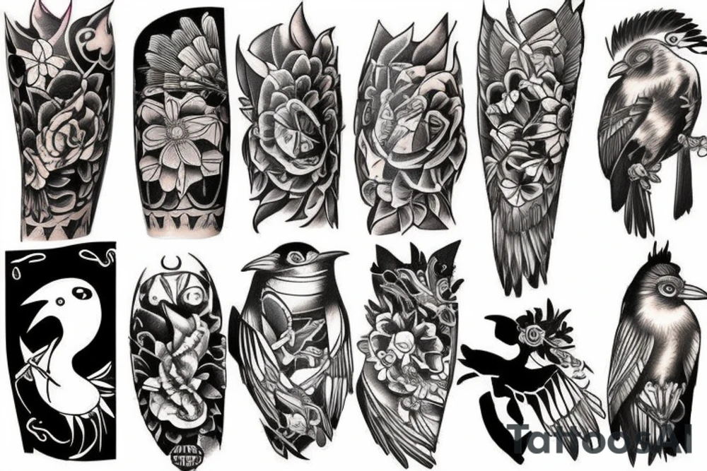 many little crows full arm tattoo idea