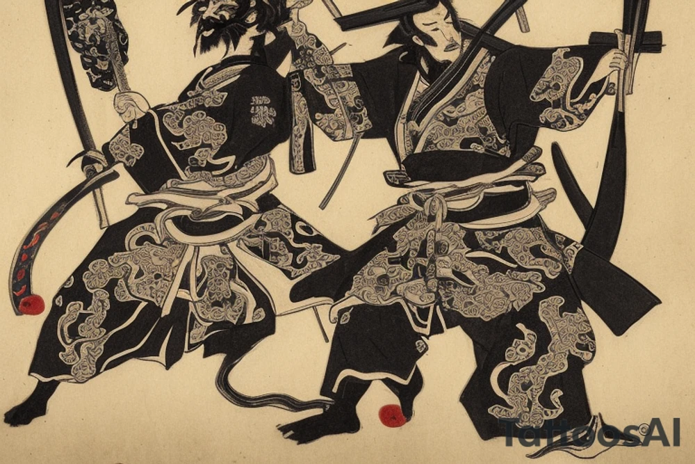 design features Miyamoto Musashi, depicted in traditional samurai garb, with a sword in hand, engaged in a fierce battle with a demon. The demon is portrayed as a grotesque, twisted creature with glowing eyes and sharp claws, representing an internal struggle with one's own fears, doubts, or negative emotions.

The composition is designed to cover your entire back, from neck to lower back. The image of Musashi and the demon are placed in the center of the design, with a swirling background of mist and smoke to create a sense of motion and intensity.

The image is rendered in bold, black ink, with intricate linework and shading to create depth and texture. The focus is on the dynamic action of the scene, with the details of Musashi's armor, the demon's features, and the swirling background adding complexity and interest.

The overall effect is one of strength, courage, and resilience in the face of adversity. It can be sized and placed according to your personal preference and would work well as a back piece or a full sleeve. tattoo idea