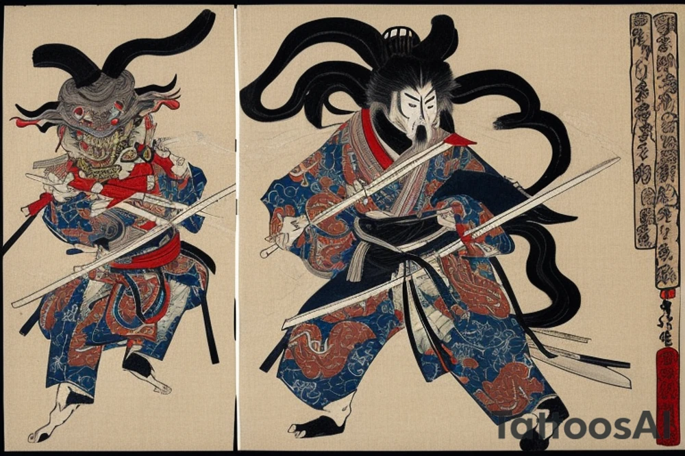 design features Miyamoto Musashi, depicted in traditional samurai garb, with a sword in hand, engaged in a fierce battle with a demon. The demon is portrayed as a grotesque, twisted creature with glowing eyes and sharp claws, representing an internal struggle with one's own fears, doubts, or negative emotions.

The composition is designed to cover your entire back, from neck to lower back. The image of Musashi and the demon are placed in the center of the design, with a swirling background of mist and smoke to create a sense of motion and intensity.

The image is rendered in bold, black ink, with intricate linework and shading to create depth and texture. The focus is on the dynamic action of the scene, with the details of Musashi's armor, the demon's features, and the swirling background adding complexity and interest.

The overall effect is one of strength, courage, and resilience in the face of adversity. It can be sized and placed according to your personal preference and would work well as a back piece or a full sleeve. tattoo idea