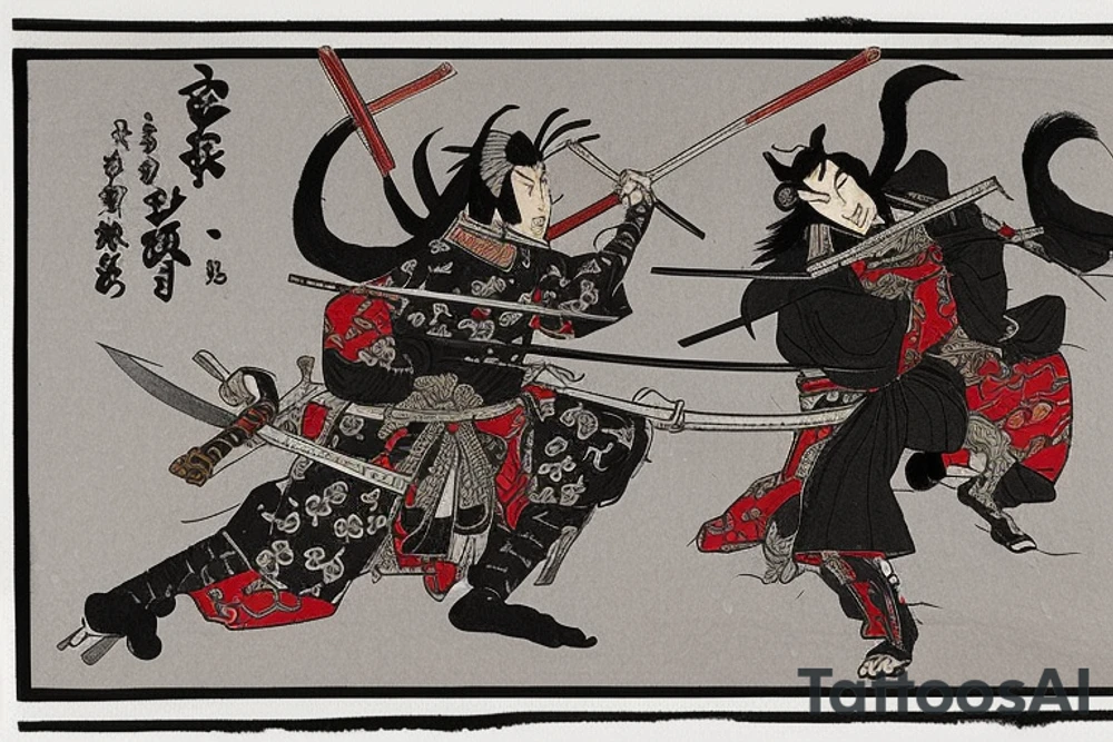 design features Miyamoto Musashi, depicted in traditional samurai garb, with a sword in hand, engaged in a fierce battle with a demon. The demon is portrayed as a grotesque, twisted creature with glowing eyes and sharp claws, representing an internal struggle with one's own fears, doubts, or negative emotions.

The composition is designed to cover your entire back, from neck to lower back. The image of Musashi and the demon are placed in the center of the design, with a swirling background of mist and smoke to create a sense of motion and intensity.

The image is rendered in bold, black ink, with intricate linework and shading to create depth and texture. The focus is on the dynamic action of the scene, with the details of Musashi's armor, the demon's features, and the swirling background adding complexity and interest.

The overall effect is one of strength, courage, and resilience in the face of adversity. It can be sized and placed according to your personal preference and would work well as a back piece or a full sleeve. tattoo idea
