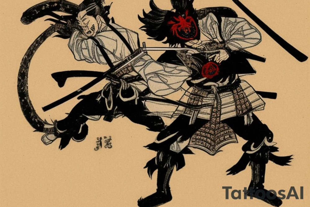 design features Miyamoto Musashi, depicted in traditional samurai garb, with a sword in hand, engaged in a fierce battle with a demon. The demon is portrayed as a grotesque, twisted creature with glowing eyes and sharp claws, representing an internal struggle with one's own fears, doubts, or negative emotions.

The composition is designed to cover your entire back, from neck to lower back. The image of Musashi and the demon are placed in the center of the design, with a swirling background of mist and smoke to create a sense of motion and intensity.

The image is rendered in bold, black ink, with intricate linework and shading to create depth and texture. The focus is on the dynamic action of the scene, with the details of Musashi's armor, the demon's features, and the swirling background adding complexity and interest.

The overall effect is one of strength, courage, and resilience in the face of adversity. It can be sized and placed according to your personal preference and would work well as a back piece or a full sleeve. tattoo idea