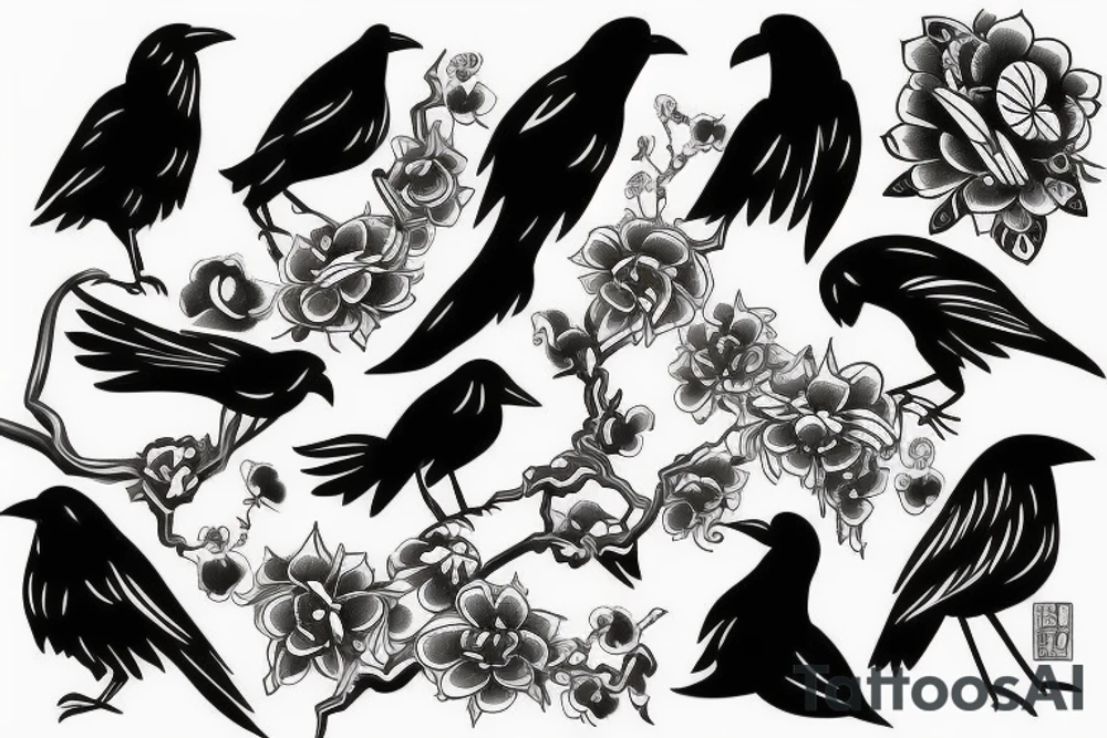 full arm work small abstract crows tattoo idea