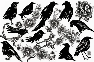 full arm work small abstract crows tattoo idea