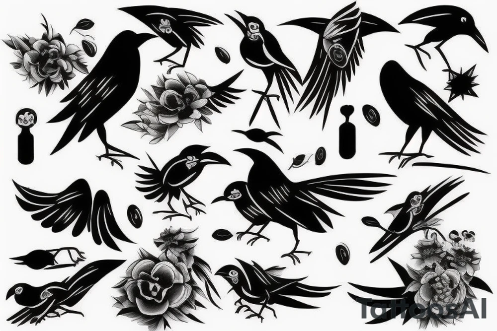 full arm work small abstract crows tattoo idea