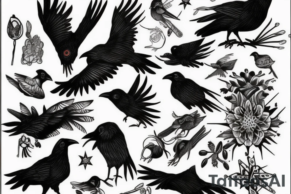 full arm work many crows art tattoo idea