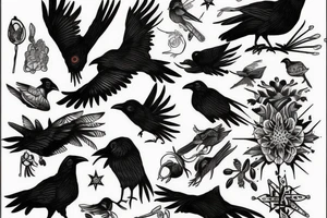 full arm work many crows art tattoo idea