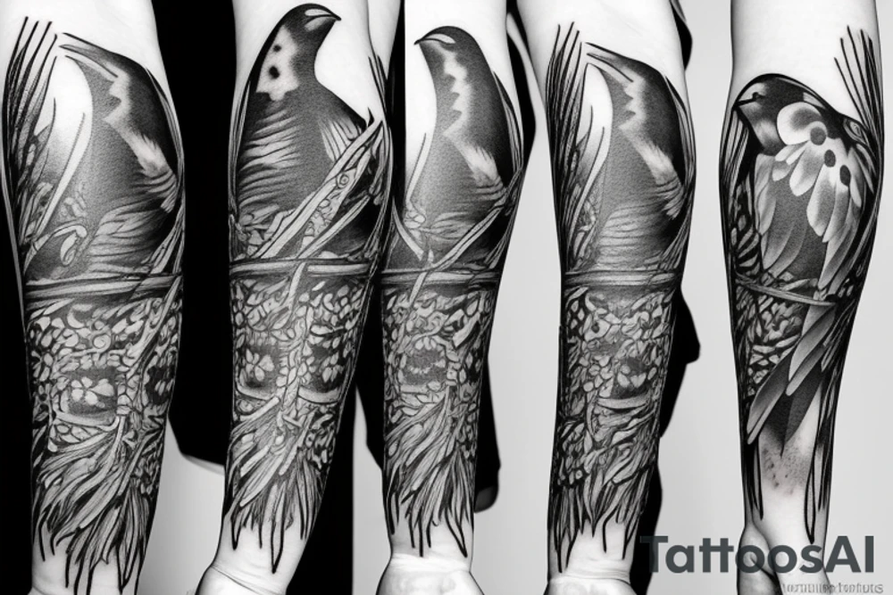 full arm work many crows art tattoo idea