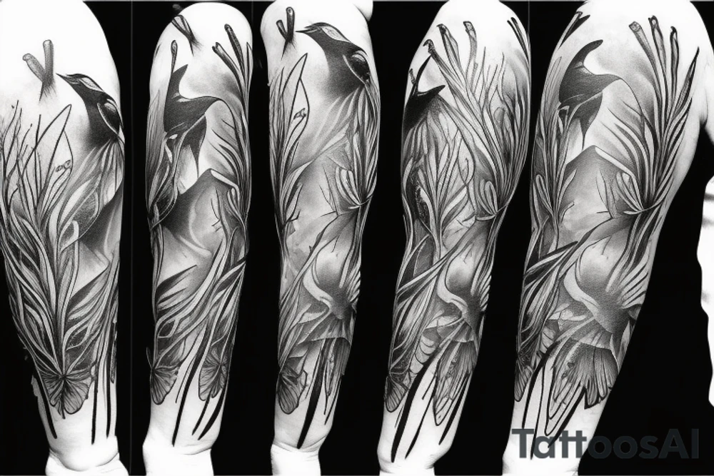full arm work many crows art tattoo idea