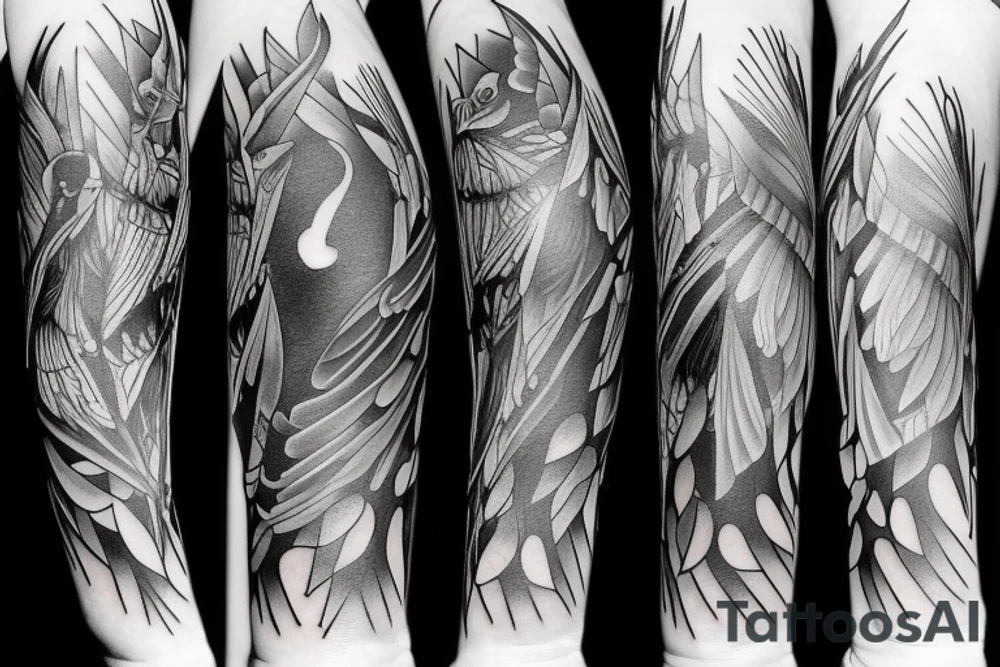 full arm work many crows art tattoo idea
