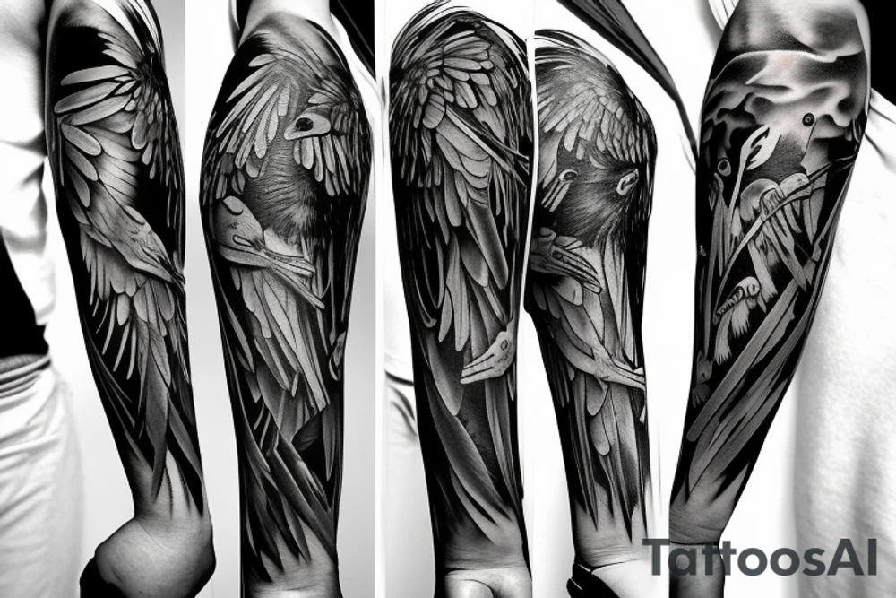 full arm work many crows art tattoo idea