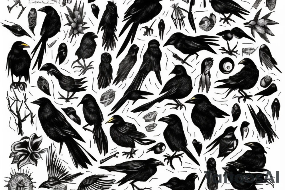 full arm work many crows art tattoo idea